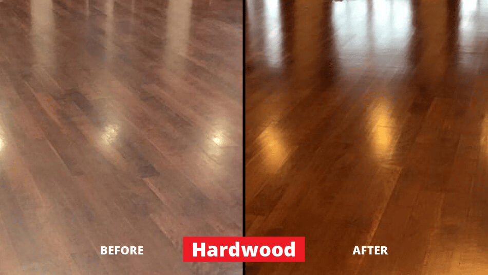 Before and After picture of a dirty/dull hardwood floor versus a clean/shiny hardwood floor