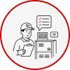 Line illustration of person using laptop with interface icons