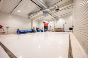 Clean industrial workshop with polished floor and equipment