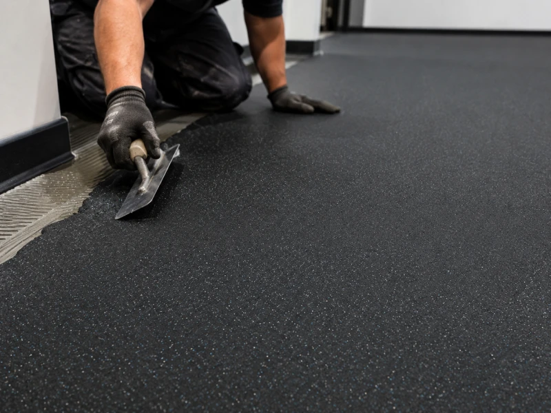 Worker installing black rubber flooring with trowel