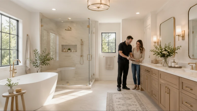 Couple reviewing plans in modern luxury bathroom