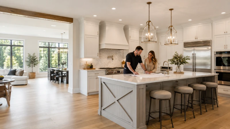 Couple reviewing plans in modern white kitchen