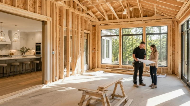 Home under construction with two people reviewing plans