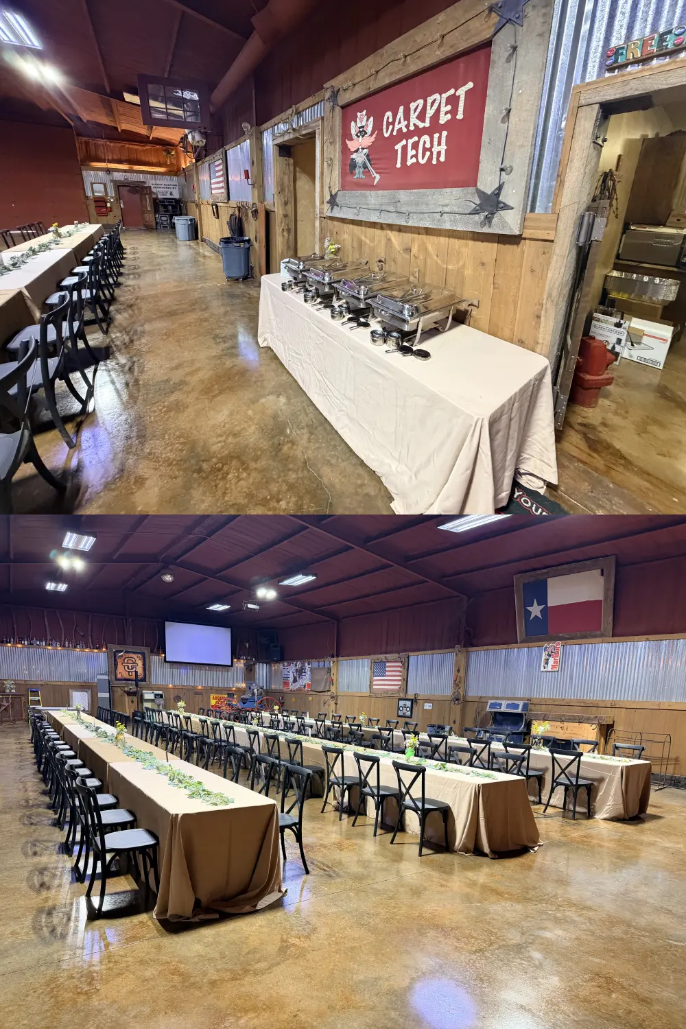 Rustic barn venue with banquet tables and buffet setup